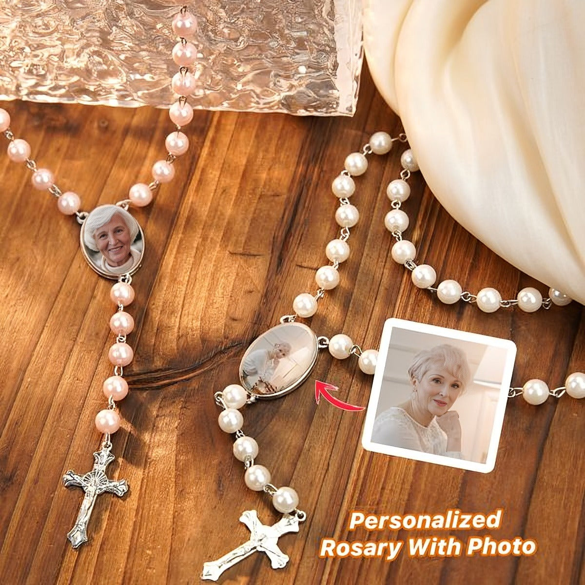 Personalized Rosary Beads Cross Necklace with Photo Memorial Gift for Women